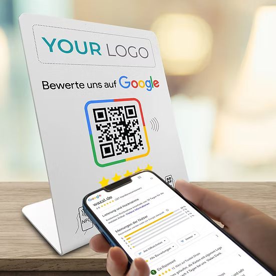 Google Review Booster mit eigenem Logo - NFC / QR-Code Display - Bewertungsaufsteller
