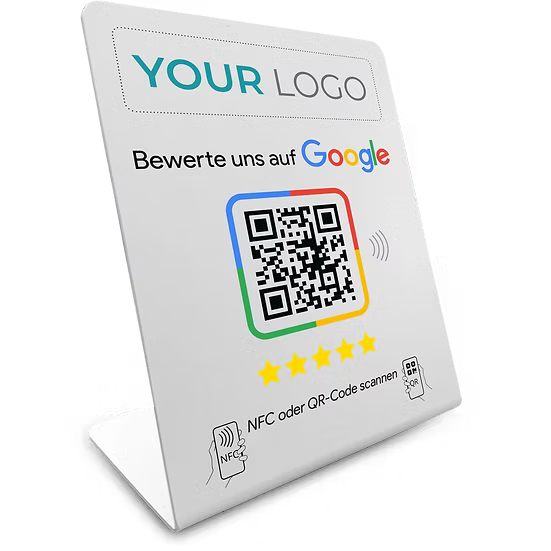 Google Review Booster mit eigenem Logo - NFC / QR-Code Display - Bewertungsaufsteller