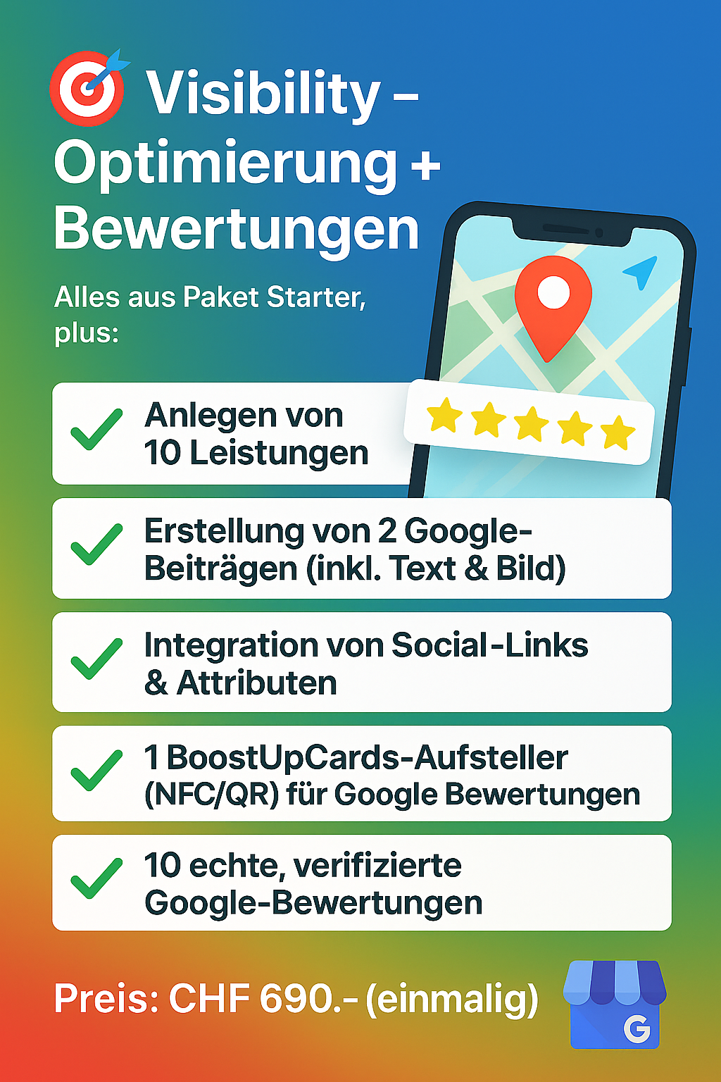 Google Business Optimierung & Bewertungen – Visibility Paket Schweiz | BoostUpCards