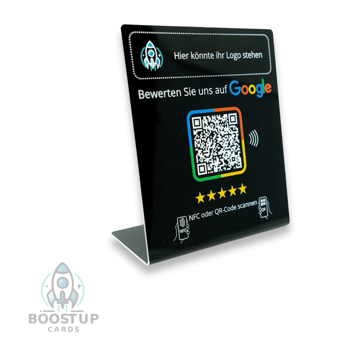 Google Review Booster mit eigenem Logo - NFC / QR-Code Display - Bewertungsaufsteller