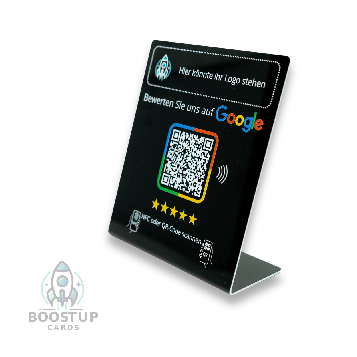 Google Review Booster mit eigenem Logo - NFC / QR-Code Display - Bewertungsaufsteller