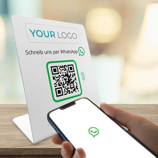 WhatsApp Direct Connect mit eigenem Logo – NFC/QR-Code Display Aufsteller für sofortigen Kundenkontakt 12x14cm