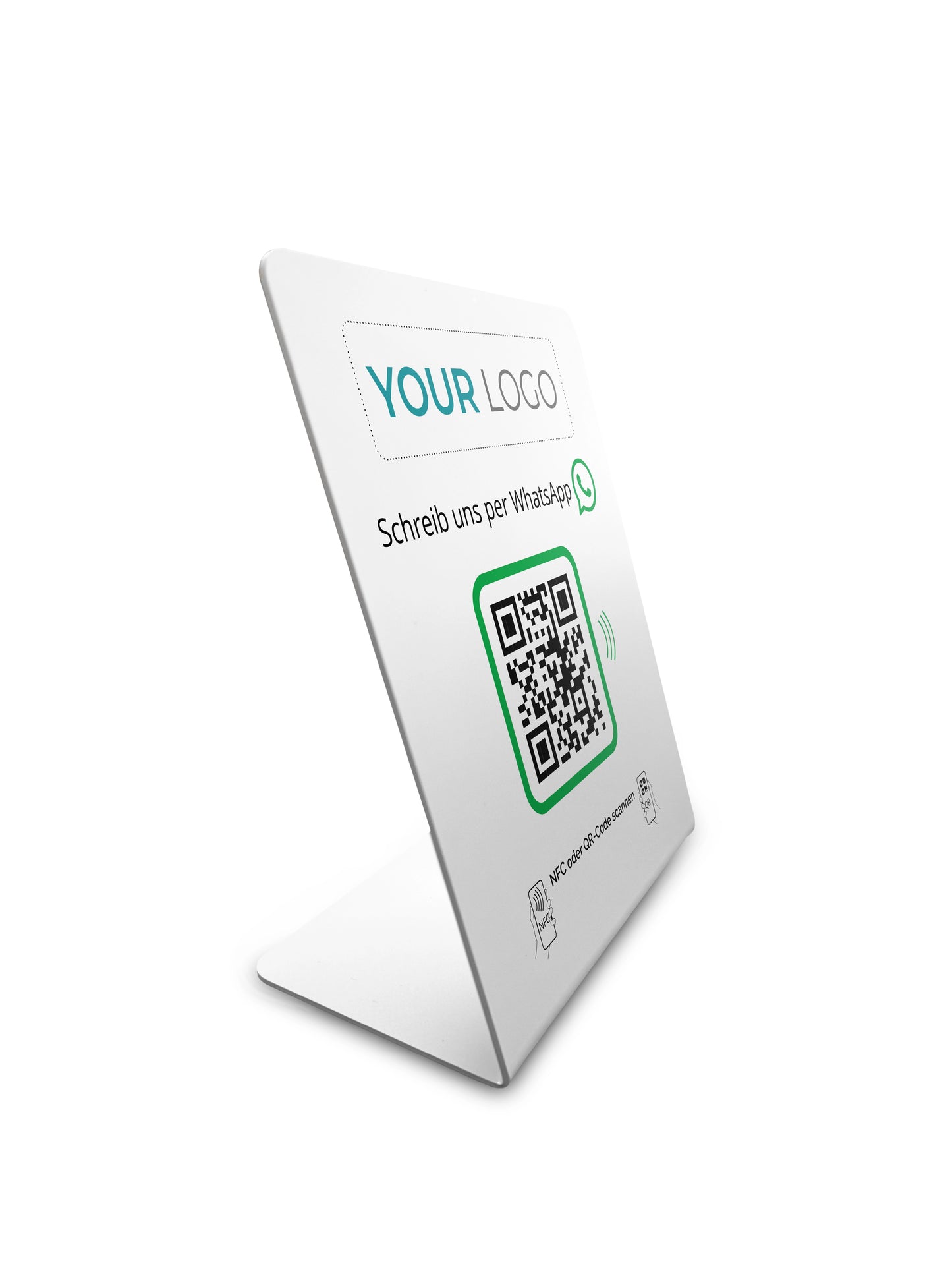WhatsApp Direct Connect mit eigenem Logo – NFC/QR-Code Display Aufsteller für sofortigen Kundenkontakt 12x14cm
