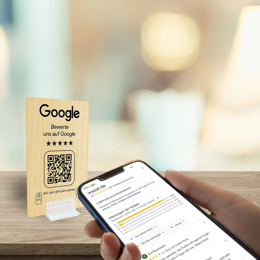 Holz Google Review Booster - NFC / QR-Code Aufsteller - Bewertungskarte