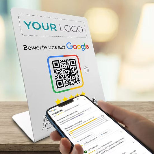 Google Review Booster mit eigenem Logo - NFC / QR-Code Display - Bewertungsaufsteller