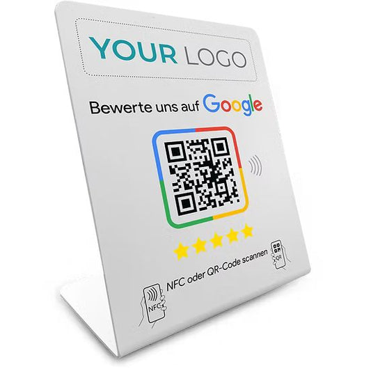 Google Review Booster mit eigenem Logo - NFC / QR-Code Display - Bewertungsaufsteller