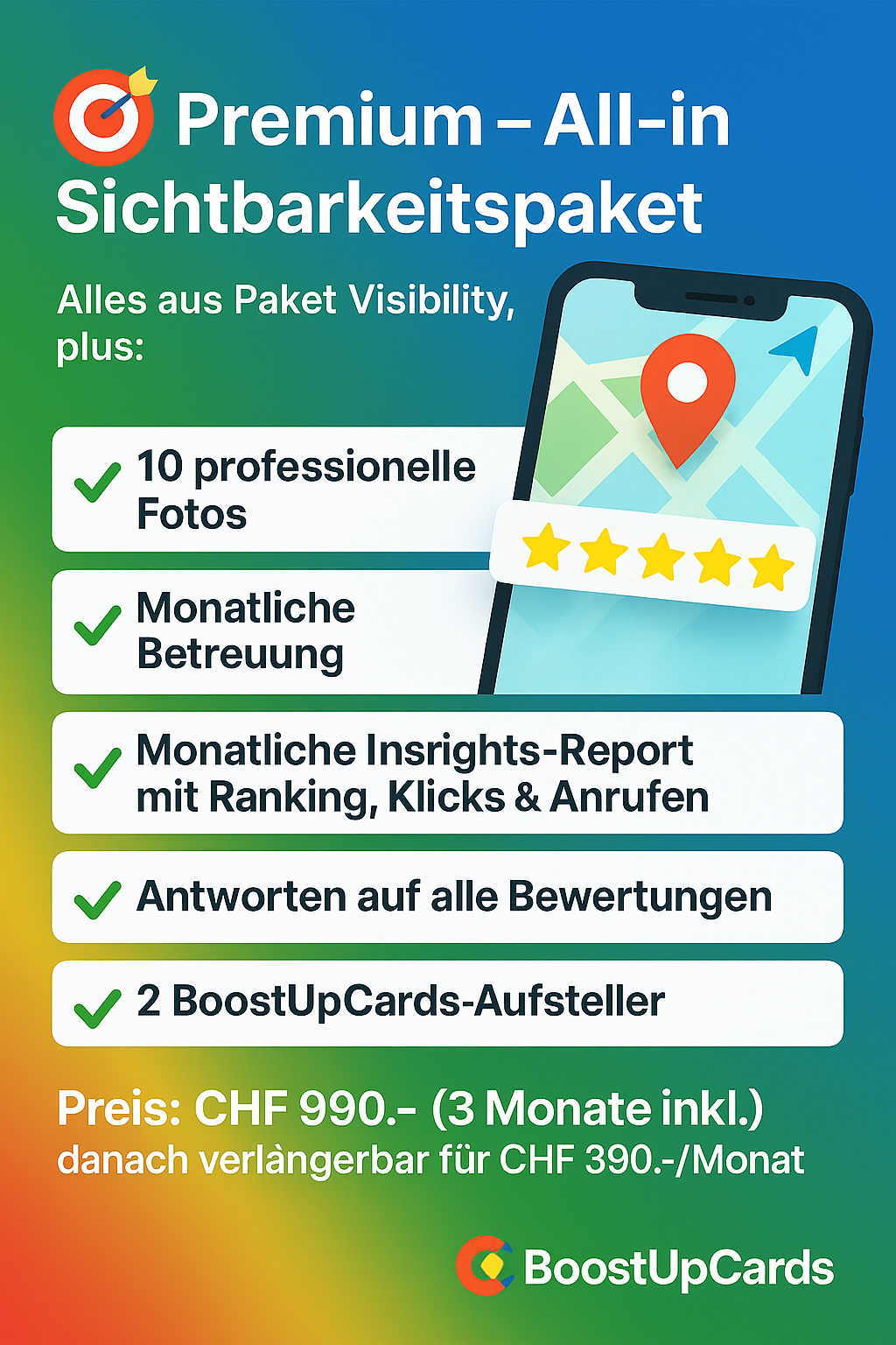 Google Business Optimierung Premium Schweiz – All-in Paket mit Fotografie & Bewertungen | BoostUpCards