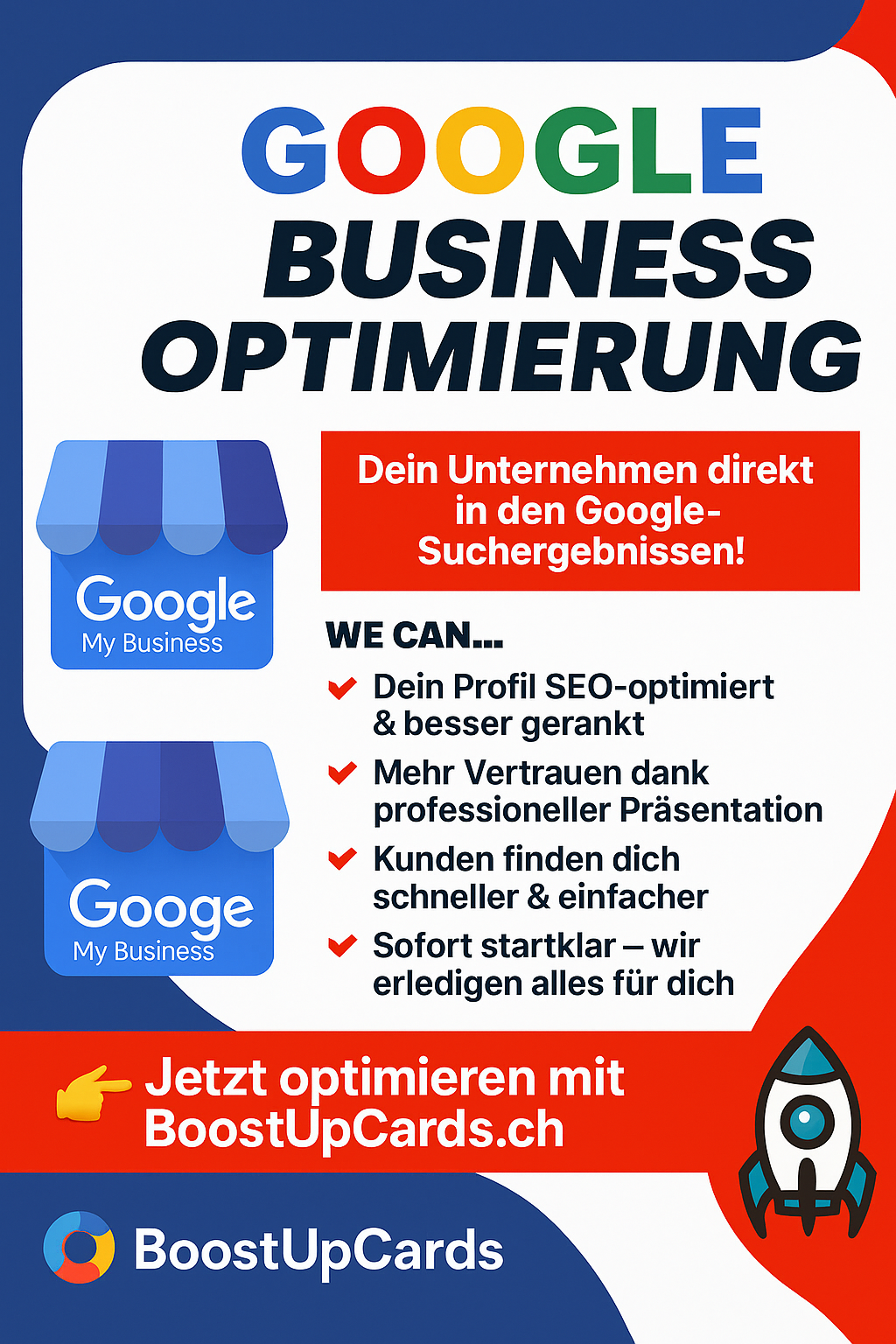 Google Business Optimierung Premium Schweiz – All-in Paket mit Fotografie & Bewertungen | BoostUpCards