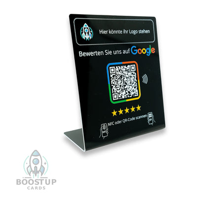 Google Review Booster mit eigenem Logo - NFC / QR-Code Display - Bewertungsaufsteller