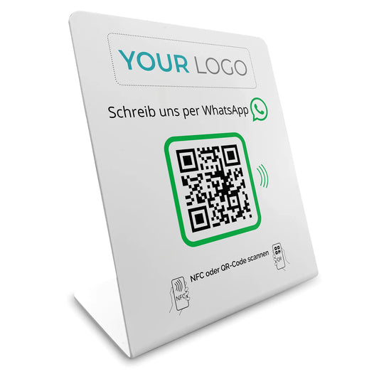 WhatsApp Direct Connect mit eigenem Logo – NFC/QR-Code Display Aufsteller für sofortigen Kundenkontakt 12x14cm
