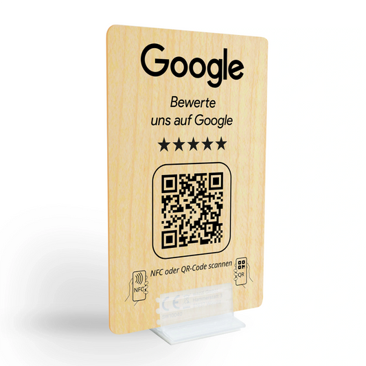 Holz Google Review Booster - NFC / QR-Code Aufsteller - Bewertungskarte